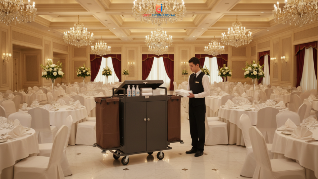 Giret International housekeeping trolley with 3 shelves and lock system