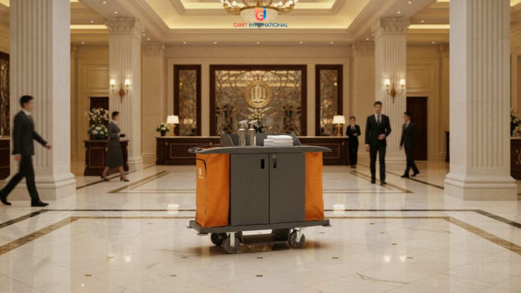 Giret fiber housekeeping trolley with fixed amenities holder on top