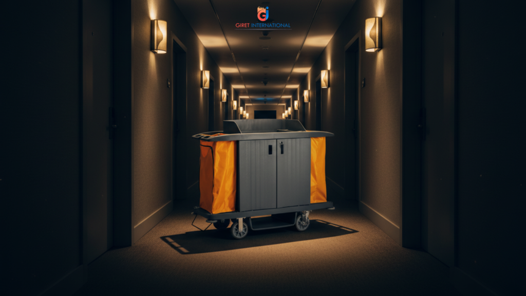 Professional fiber housekeeping trolley used in luxury hotel cleaning operations