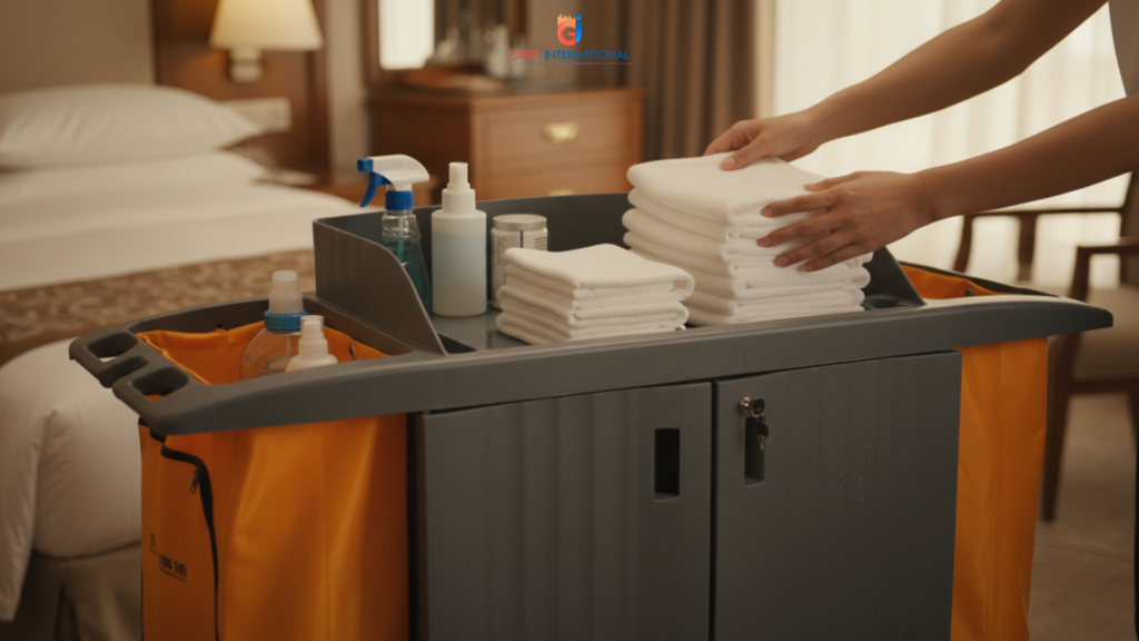 Fiber housekeeping trolley for hotels with dual linen bags and storage cabinet