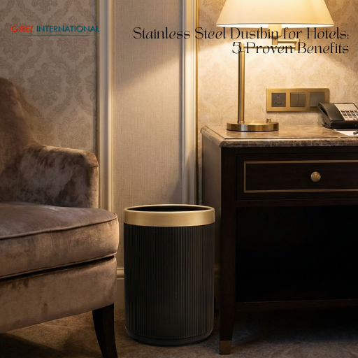 Modern trash Stainless steel dustbin for hotels supplied by Giret International India bin in hotel setting