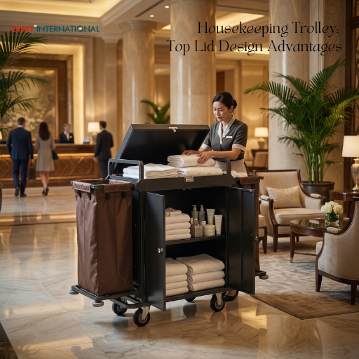 Giret International housekeeping trolley with 3 shelves, lock system and canvas bags