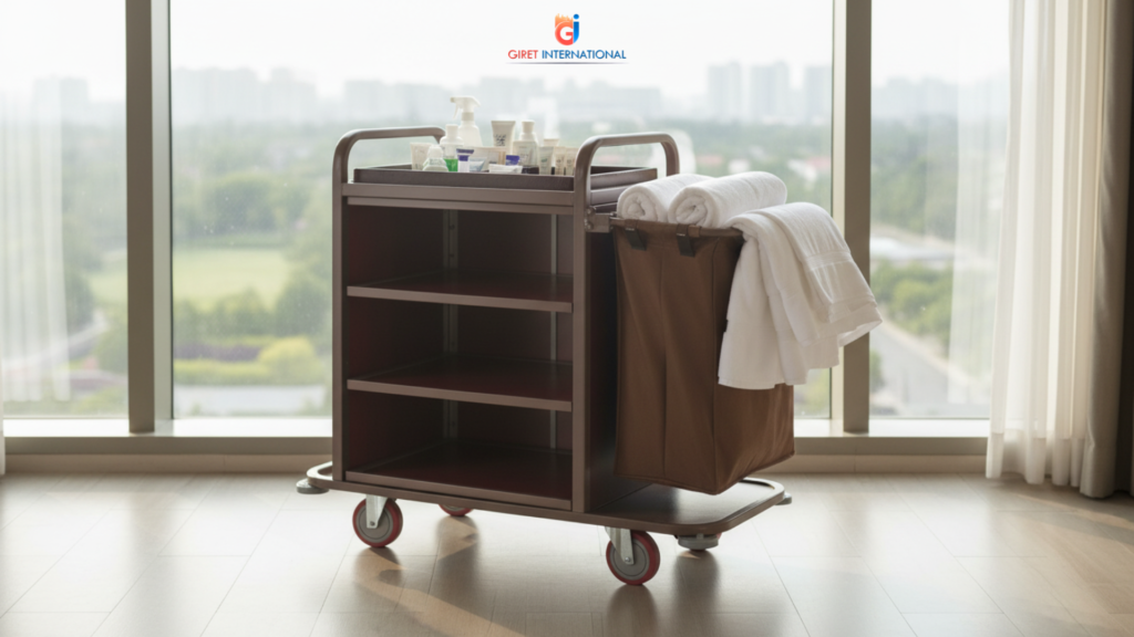 Compact single housekeeping trolley designed for hotel corridors