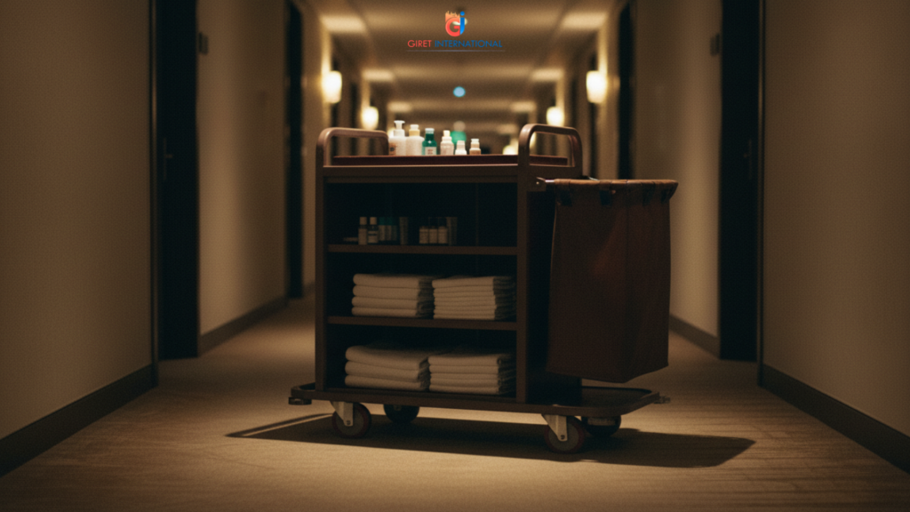 Single housekeeping trolley with fixed amenities holder for hotels