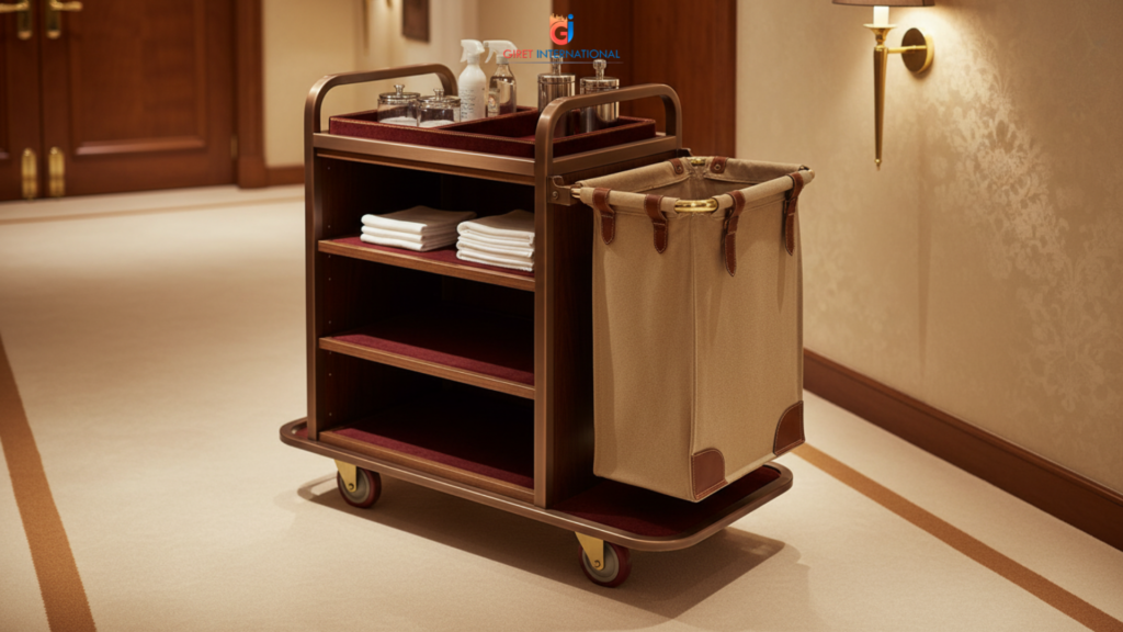 Hotel single housekeeping trolley with 3 shelves and canvas bag