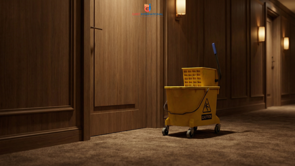 Wringer trolley for hotel janitorial use with centre press