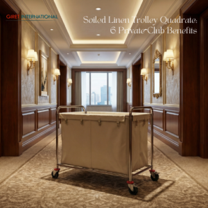 Linen trolley in elegant hotel corridor.