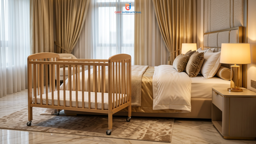 Portable baby cot for hotels with safe and comfortable design