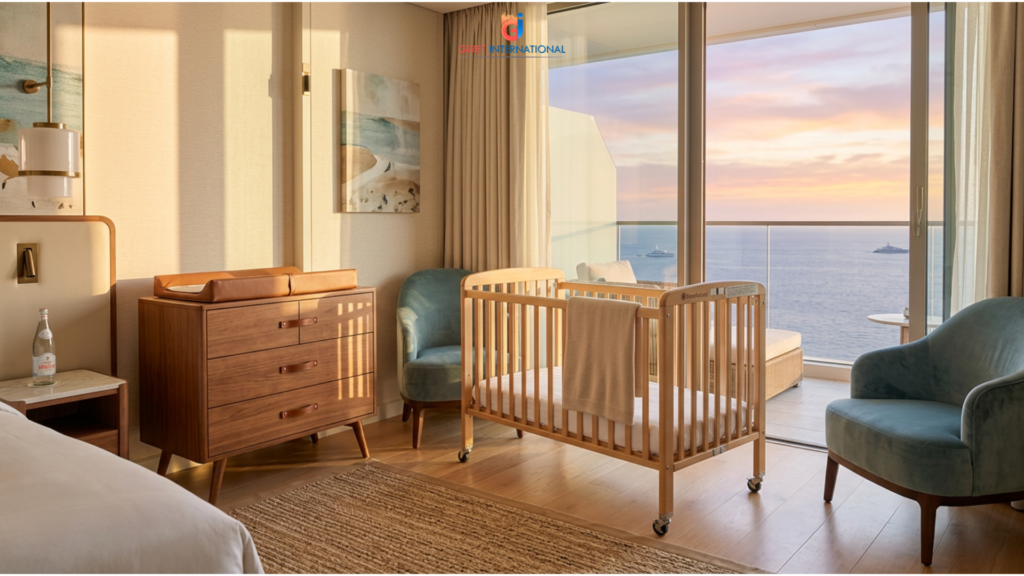 Luxury baby cot for hotels in modern premium guest room interior