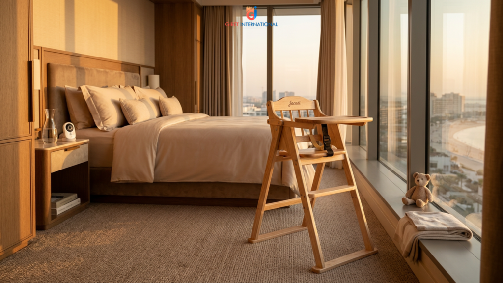 Modern baby chair for hotels in elegant guest room interior