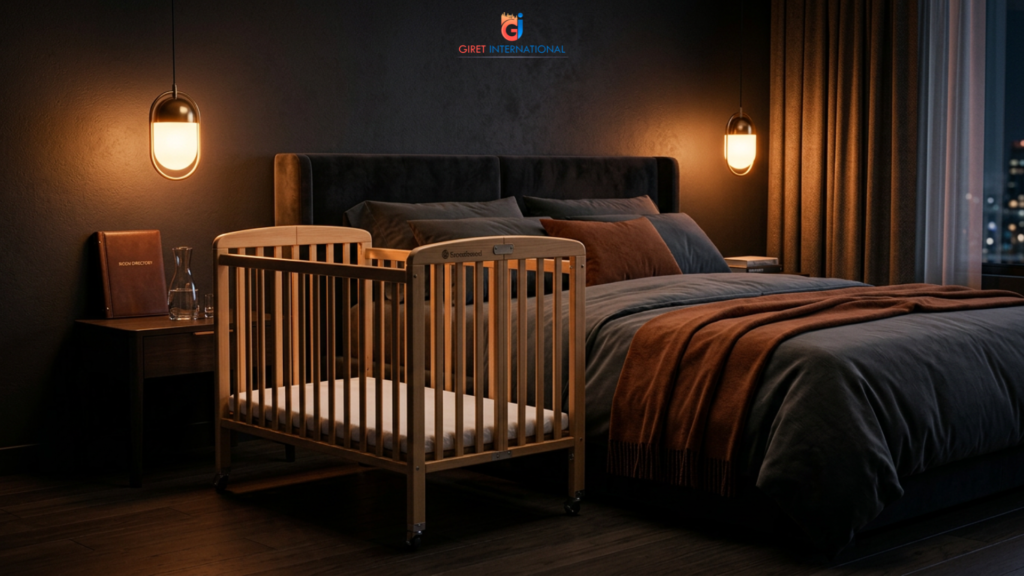 Luxury wooden baby cot beside hotel king size bed