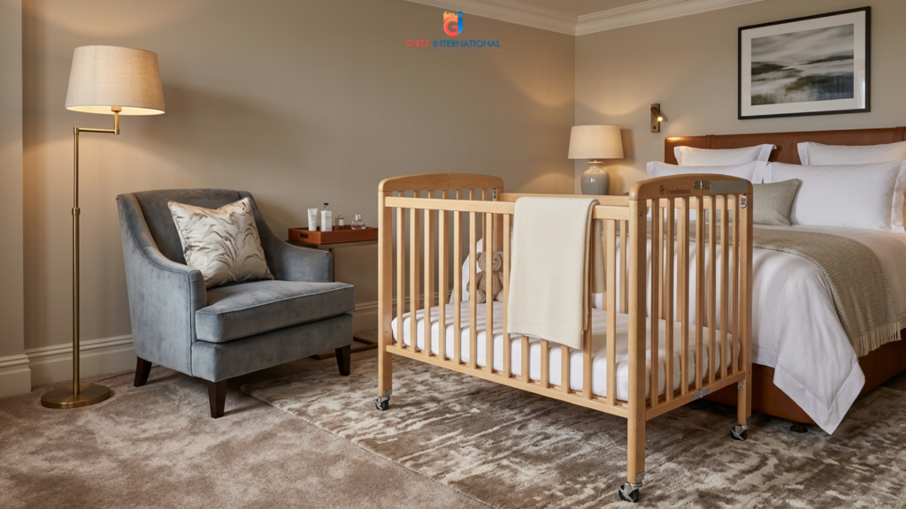 Safe and modern baby cot by Giret for hotel guest use