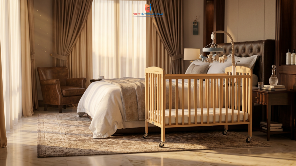 Premium baby cot placed inside a luxury hotel room for family guests