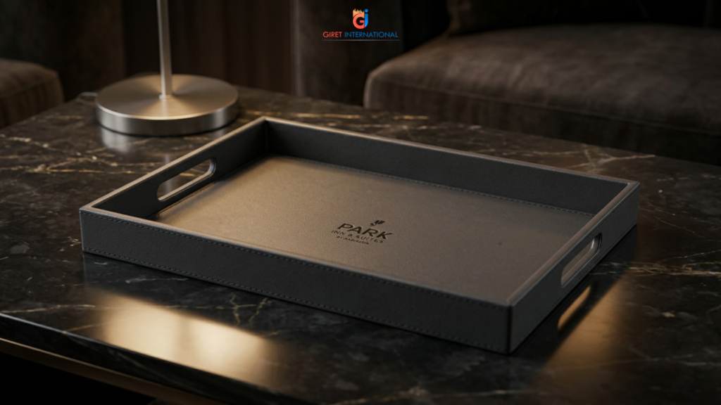 Luxury leatherette hospitality accessories for modern hotel room interiors