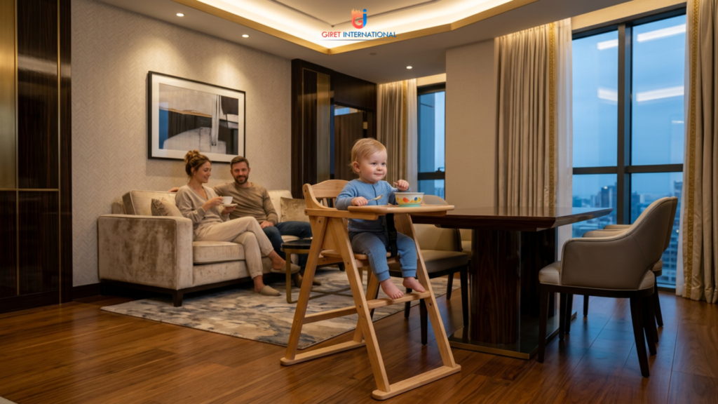 Premium wooden baby chair by Giret International for hotels