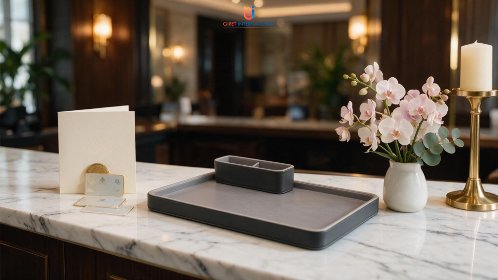 Tray Leatherite by Giret with integrated sachet holder